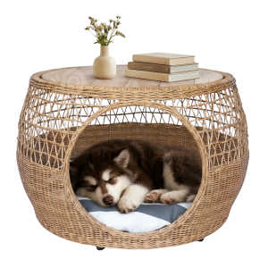 Bàn RUMAY Tre Đan Kết Hợp Ổ Thú Cưng Màu Gỗ Mây Đan hở 1/2 BMT0150 - 80x80x50cm